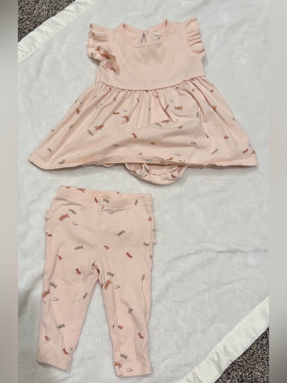 Baby Pink Ruffle Dress & Leggings Set with Dragon flies print